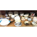 SHELF WITH QTY OF ART POTTERY INCL; VASES, DISHES, BOWLS ETC