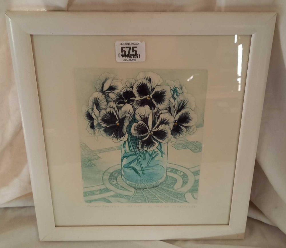 3 PENCIL SIGNED LIMITED EDITION ETCHINGS, TWO OF PANSIES BY VALERIE CHRISTMAS, THE OTHER ''FEATHER''