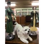 2 WOODEN WOMEN MODEL STATUES & A SCOTTY DOG STATUE