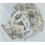 TIN WITH LARGE QTY OF 19th C PICTURES, ENGRAVINGS ETC CUT OUT AND MOUNTED N CARD