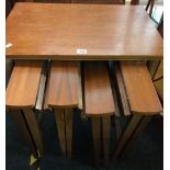 SMALL RETRO SERVING TABLE ON CASTERS, 4 FOLDING CIRCULAR TABLES STORED BENEATH