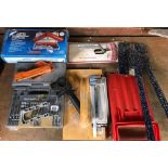 QTY OF TOOLS INCL; DRILL BITS, CORDLESS SCREW DRIVER ETC