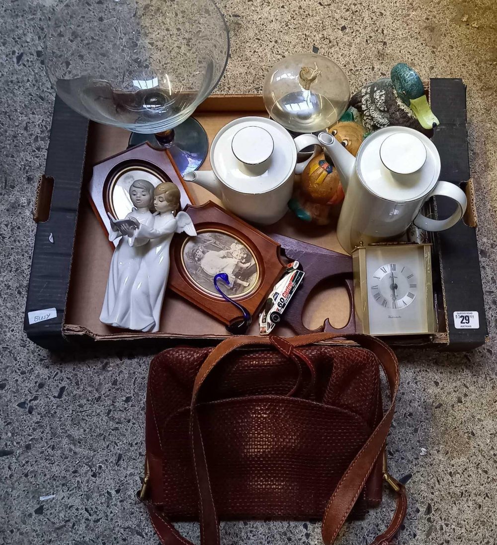 CARTON OF VARIETY OF OBJECTS INCL; LADIES HAND BAG, CHINA TEA POT, HEAVY METAL DOOR STOP ETC