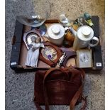 CARTON OF VARIETY OF OBJECTS INCL; LADIES HAND BAG, CHINA TEA POT, HEAVY METAL DOOR STOP ETC