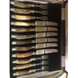 PLATED GALLERY TRAY WITH HANDLES & BOXED MAPIN & WEBB STEAK KNIFE & FORK BONE HANDLED SET