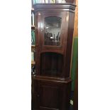 MAHOGANY CORNER CABINET, GLAZED SHELVES & 1 DOOR CUPBOARD BELOW 78'' X 20'' X 32''