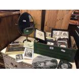 CARTON OF FRAMED VINTAGE PHOTO'S & PICTURES & BRASS EFFECT MIRROR