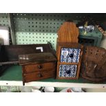 SHELF WITH OAK BOOK STAND, EGG STORAGE HOUSE & LITTLE MINIATURE CHEST OF DRAWERS ETC