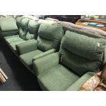 THREE SEATER SETTEE, TWO MATCHING ARMCHAIRS & FOOT STOOL IN GREEN FABRIC