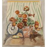 CIRCULAR WATERCOLOUR, STILL LIFE OF CHRYSANTHEMUMS TOGETHER WITH ANOTHER WATER - COLOUR OF A VASE OF