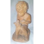 TERRACOTTA FIGURE OF A BOY SITTING WITH BLACK BIRD PERCHED ON HIS KNEE INDISTINCTLY SIGNED & DATED