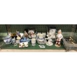 SHELF OF CHINAWARE & CHINA FIGURES, GLASS STOPPERS, GLASS SCENT BOTTLE ETC. ROYAL DOULTON CRANBOURNE
