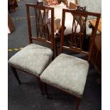 PAIR OF INLAID MAHOGANY DINING CHAIRS WITH GREEN PATTERNED SEATS