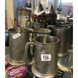 4 PEWTER TANKARDS & A GERMAN STEIN MUG