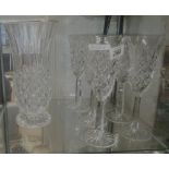 SET OF 6 CUT GLASS CHAMPAGNE FLUTES & CUT GLASS VASE