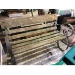 WOODEN GARDEN SLATTED BENCH WITH METAL CURVED ARMS A/F