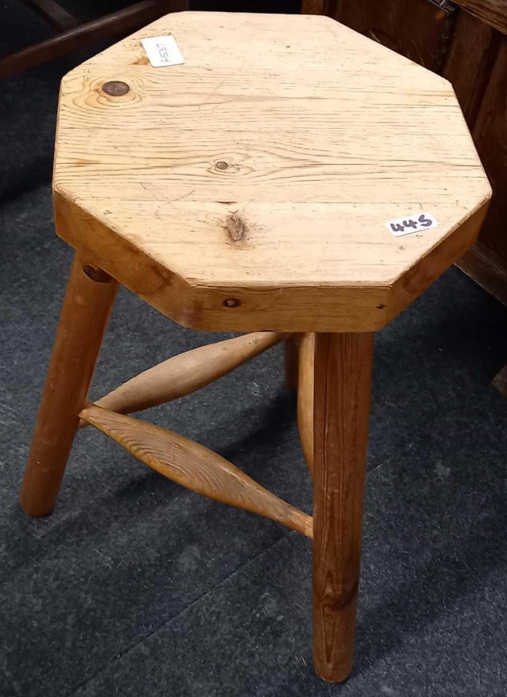 PINE 3 LEGGED STOOL WITH PLATE RACK - Image 2 of 2
