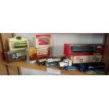 2 SHELVES WITH QTY OF PLASTIC LORRIES, 3 DINKY COACHES 29F, 282, 29G UNBOXED, POOR CONDITION.
