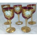 SET OF 5 WINE GLASSES WITH HEAVILY GILDED DECORATION