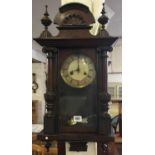 PERIOD MAHOGANY WALL CLOCK, ARCHED TOP & DECORATIVE FINIAL'S