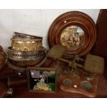 SHELF WITH CHINA WATER JUG, COPPERWARE, HIP FLASK, PAIR OF SCALES, GALLERY TRAYS, CANDLE HOLDERS