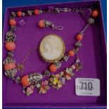 AN ART DECO STYLE PAINTED ENCRUSTED NECKLACE & ANOTHER NECKLACE + CAMEO