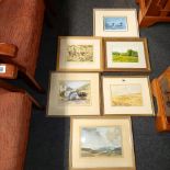 QTY OF F/G PICTURES PLUS 2 WATERCOLOURS - 1 BY MARGARET MORRY OF A BOATING SCENE & 1 OF A MOORLAND