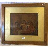 A 19TH CENTURY POKER WORK PICTURE ON AN OLD OAK PANEL. FIGURES AROUND A TABLE IN A TAVERN