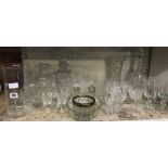 SHELF OF VARIOUS GLASSES, VASES & DECANTERS