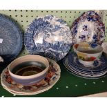 SHELF OF DECORATIVE CHINAWARE, SOUP TUREEN WITH LID, PLATES ETC