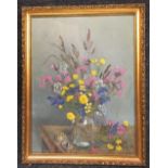 2 GILT FRAMED OIL PAINTINGS OF FLOWERS & 1 OIL PAINTING OF A PUFFIN