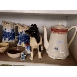 SHELF OF JUGS, COFFEE POT & ORIENTAL CHINA ELEPHANT ETC