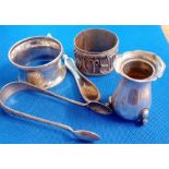 SILVER SUGAR TONGS, NAPKIN RING ETC