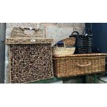 WICKER PICNIC HAMPER (NO CONTENTS) & VARIOUS WICKER BASKETS & STORAGE BOX