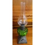 2 VICTORIA STYLE OIL LAMPS ( BRASS 1 CONVERTED TO ELECTRIC & GREEN GLASS LAMP)