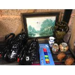ONE BROWN VASE, 3 SMALL CHINESE VASES, ONE F/G PRINT & A WATERCOLOUR PAINT SET. 3 BLACK CERAMIC