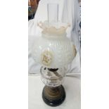 GLASS & BRASS OIL LAMP WITH A WHITE FUNNEL, FLOWER DESIGN