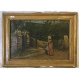 19THC OIL PAINTING OF A LADY COLLECTING WATER AT THE VILLAGE PUMP