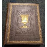 LARGE FAMILY HOLY BIBLE LEATHER BOUND WITH GILDING TO FRONT & COLOURED ILLUSTRATIONS