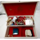 WHITE JEWELLERY BOX WITH RED INLAY & COSTUME JEWELLERY CONSISTING OF BROOCHES, WATCH ETC