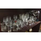 SHELF OF VARIOUS GLASSWARE, BOXED PAIR OF DOULTON CRYSTAL FINEST CUT WINE GLASSES & ROYAL BIERLEY