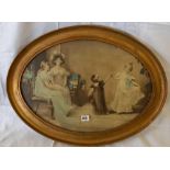 GILT FRAMED OVAL PRINT, DEPICTING 2 YOUNG LADIES & 2 CHILDREN PLAYING