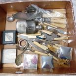 CARTON OF CUTLERY, HIP FLASK, GLASS INK WELLS ETC