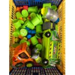 CARTON OF PLASTIC TOYS WITH BIN LORRY, CLEANER, DUSTBIN'S ETC