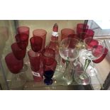 QTY OF MAINLY CRANBERRY COLOURED GLASS & A BLUE GLASS EYE BATH ETC