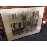 COLOURED ENGRAVING OF A TOWN SCENE, NUMBERED & SIGNED IN PENCIL F J LUIGINI.