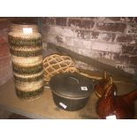 CAST IRON COOKING POT, 2 EGG CROCKS, LARGE WEST GERMAN VASE & CARPET BEATER