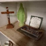 RELIGIOUS ITEM. ILLUMINATED CRIB IN BOX (BATTERY OPERATED). JESUS ON CROSS, MARY FIGURE LAST