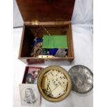 2 BOXES CONTAINING A QTY OF COSTUME JEWELLERY A TIN WITH DOMINO'S IN CADBURY'S TIN BELIEVED TO BE