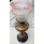 BRASS OIL LAMP ON WOODEN BASE & SHAPED FLORAL GLASS FUNNEL
